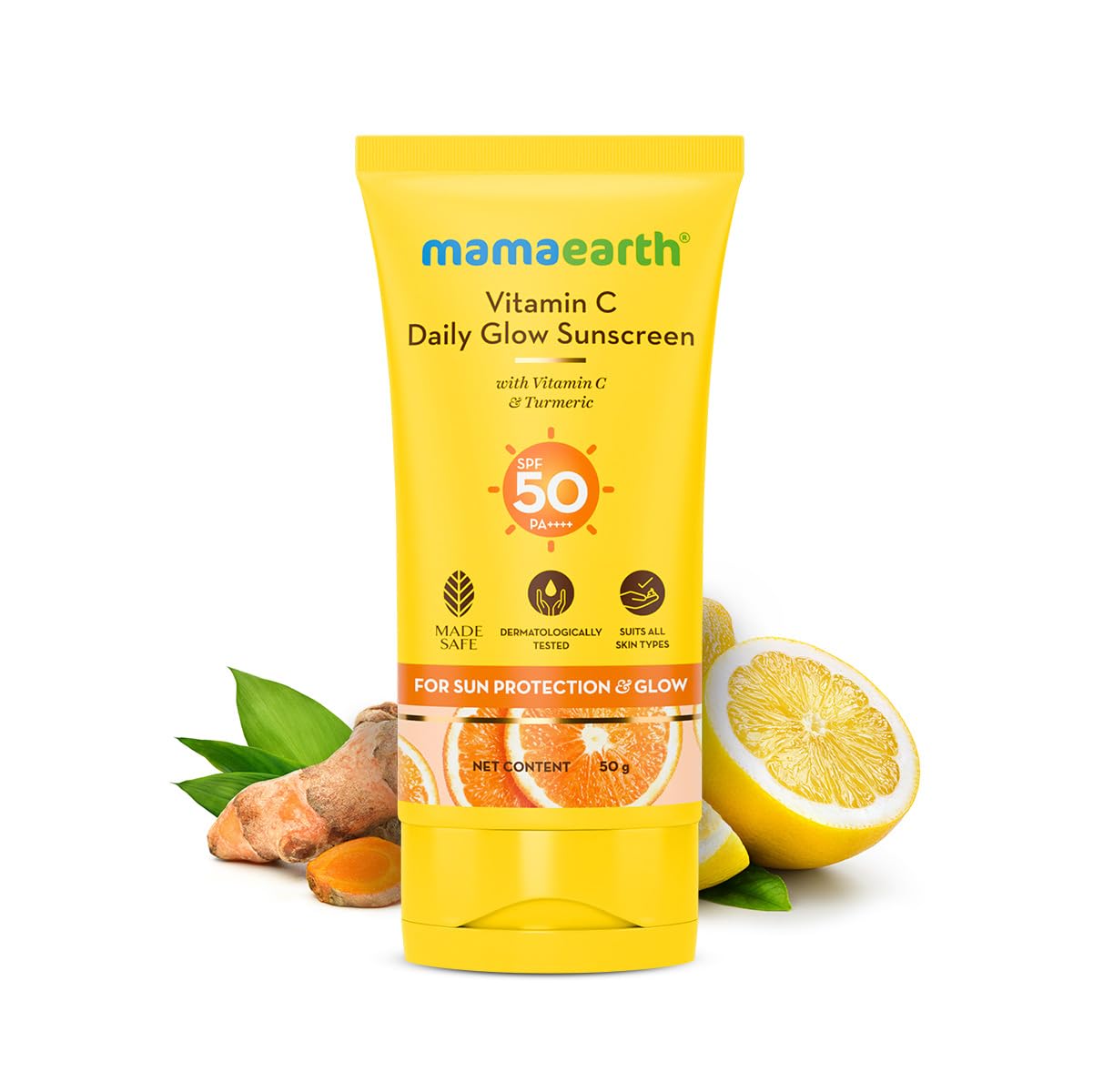 Mamaearth Vitamin C Daily Glow Sunscreen with Vitamin C & Turmeric | For Sun Protection, Tan Protection & Glow | SPF 50 & PA++++ Protection | No White Cast | Lightweight & Non-Sticky | Brightens Skin | In-Vivo Tested | For All Skin Types | 50 g