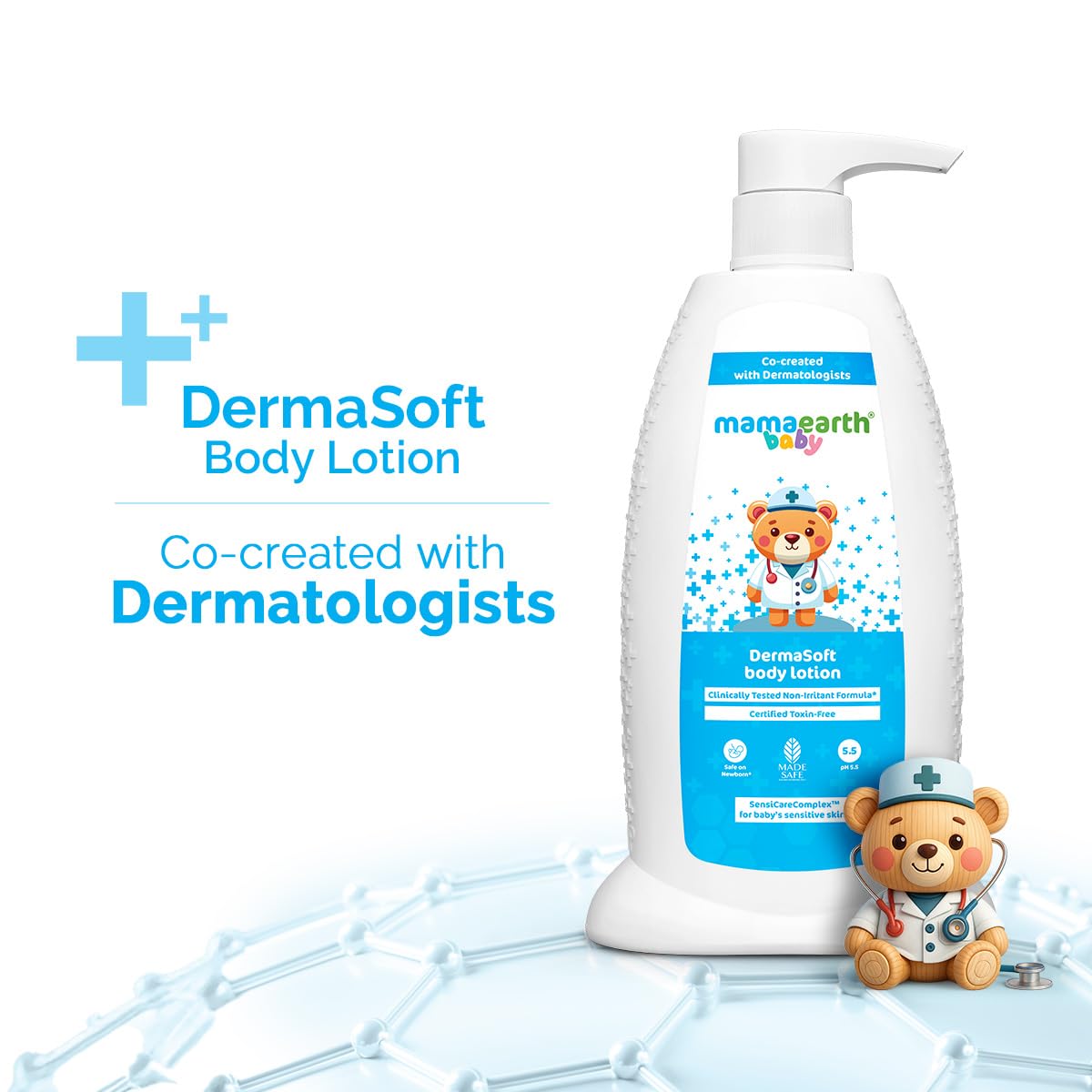 Mamaearth Baby DermaSoft Body Lotion with SensiCareComplex™ for Baby's Sensitive Skin - 250 ml | Co-created with Dermatologists for Newborns | Enriched with SensiCareComplex™ for Baby's Sensitive Skin | Safe and Non-irritant formula* | Fragrance-Free